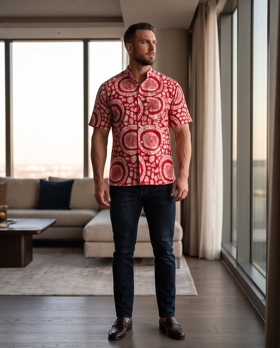 Mao collar-
 Short Sleeve Shirt