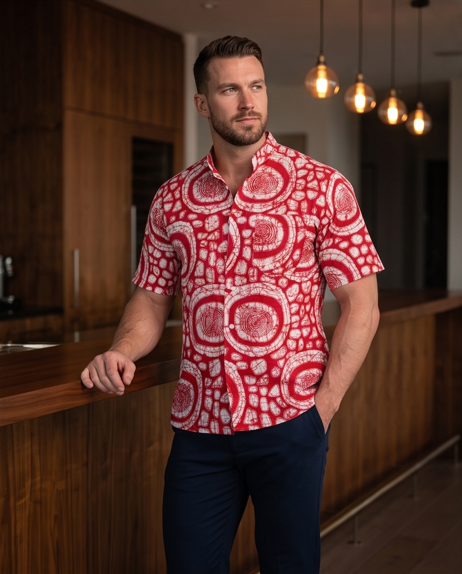 Mao collar-
 Short Sleeve Shirt